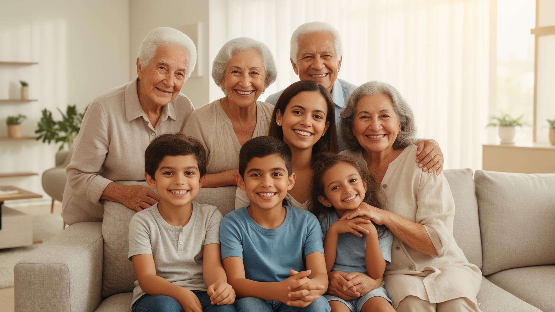 Família feliz protegida por plano de saúde — avós, pais e crianças sorrindo em casa